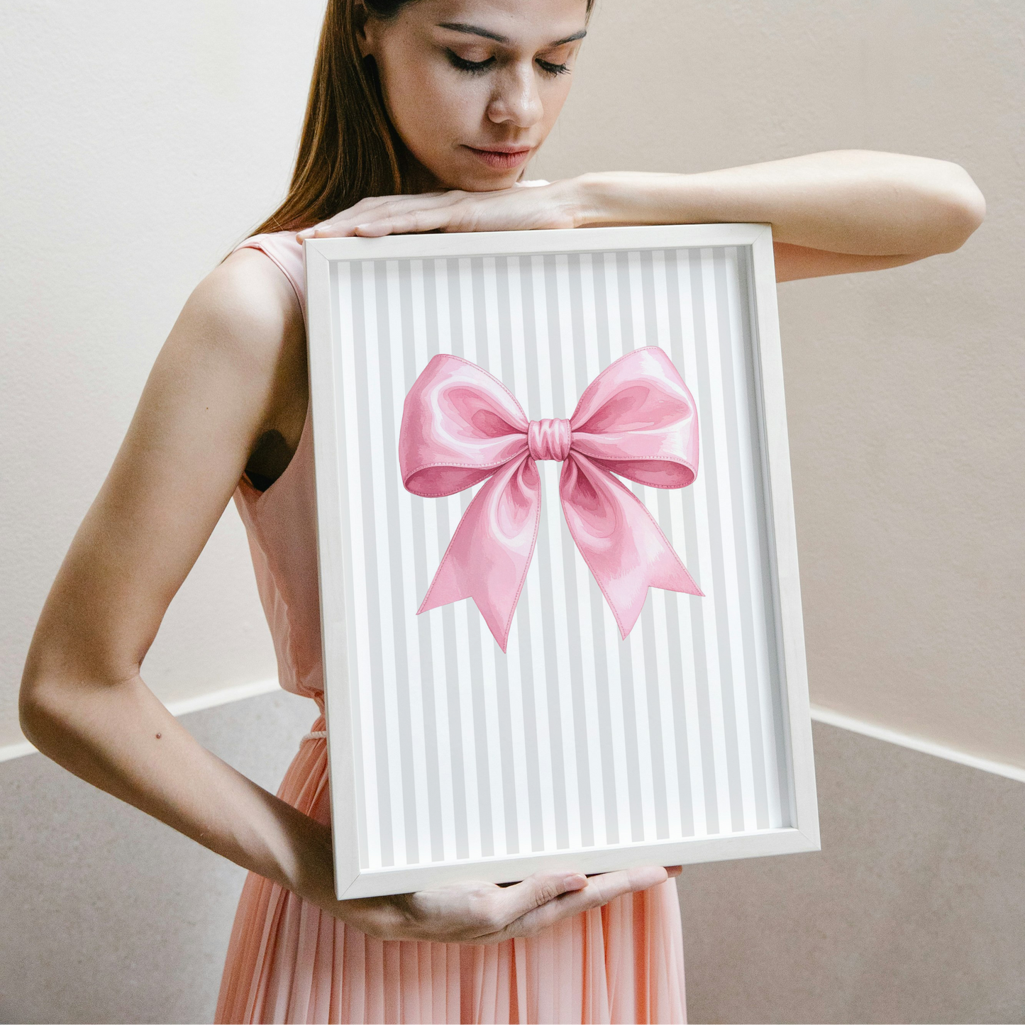 Grey Stripe Bow Print - Pink