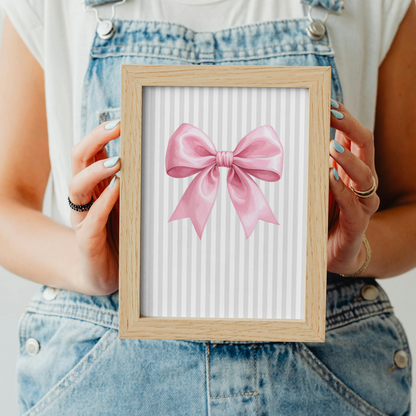 Grey Stripe Bow Print - Pink