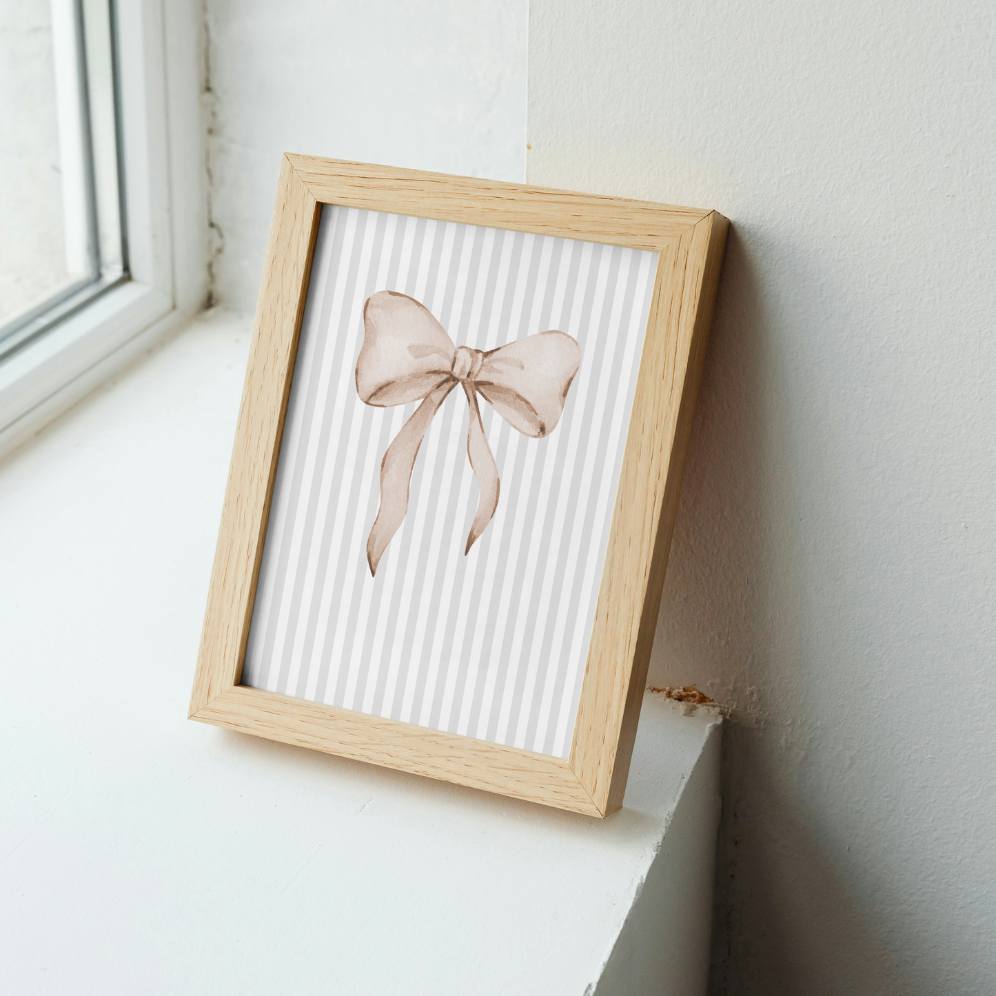 Grey Stripe Bow Print - Beige