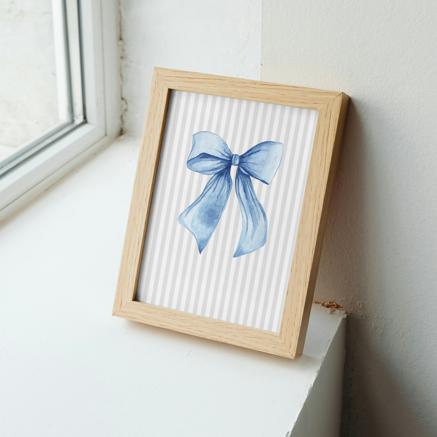 Grey Stripe Bow Print - Blue