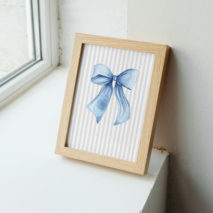 Grey Stripe Bow Print - Blue