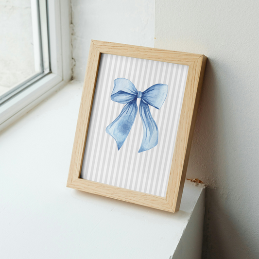 Grey Stripe Bow Print - Blue